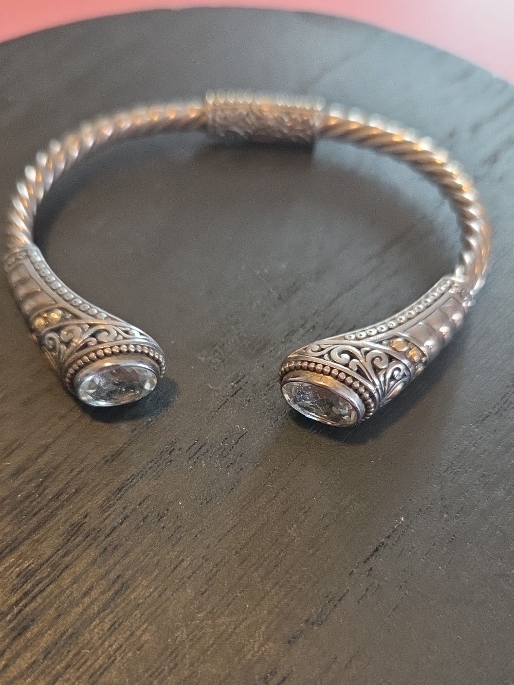 Brighton Oxidized Sterling Filigree Women's Cuff Bracelet With Clear Stone.